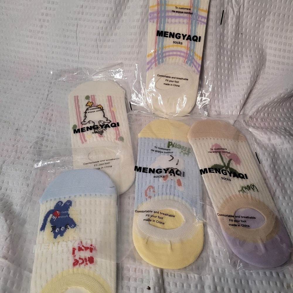 MENGYAQI 5 Pack No Show Socks Pastel Kawaii Cat Bunny Floral Mesh Low Cut Socks